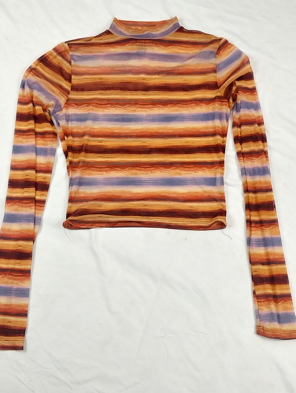 Forever 21 Striped Crop Women M Stretchy Sheer Mesh Long Sleeve Mock Neck